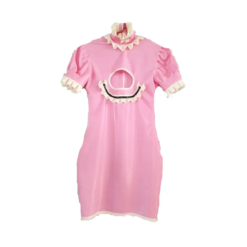 

New Style Rubber Latex Women Fashion Pink White and Black Maid Cosplay Cute Student Dress Size S- XXL
