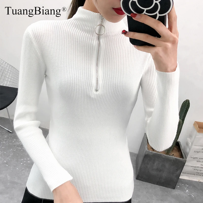 Women Zipper Turtleneck Thick Full Sleeve Autumn Sweater 2023 Spring Warm Knitted Pullovers Sweaters Solid Casual Ladies Jumper