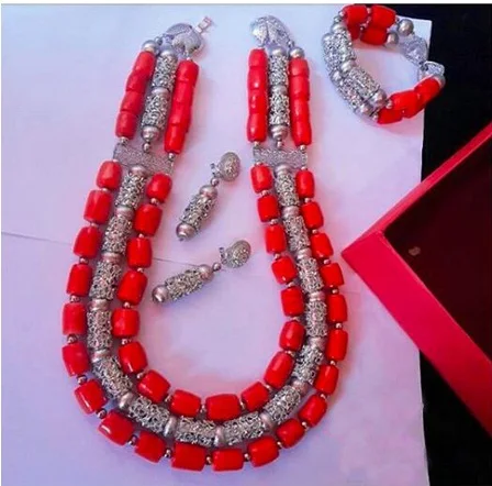 Quality Original Coral Beaded Bridal Necklace Set Real Coral Bead Necklace Bracelet Earrings Set 24inches Nigerian WeddingABH763