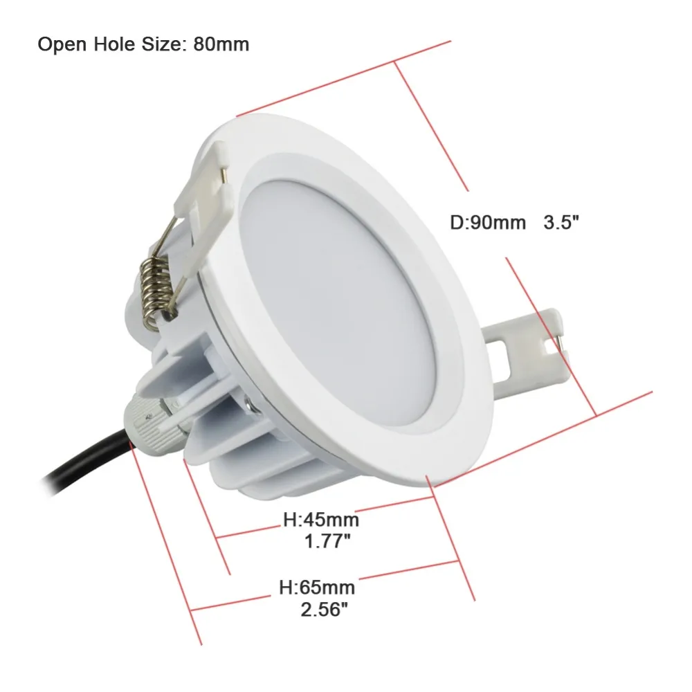 Spot lumineux de plafond 5w 7w, 90mm 3.5 pouces, trou ouvert 80mm 3 pouces AC 85-265V IP65 pour salle de bain extérieure, Sauna