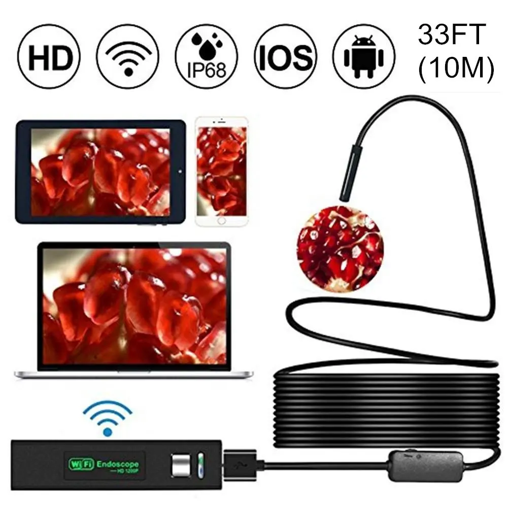 

Wireless WiFi Endoscope HD 1200P Mini Waterproof Soft Cable Inspection Camera 8mm 8LED Borescope for IOS Android PC Soft Line