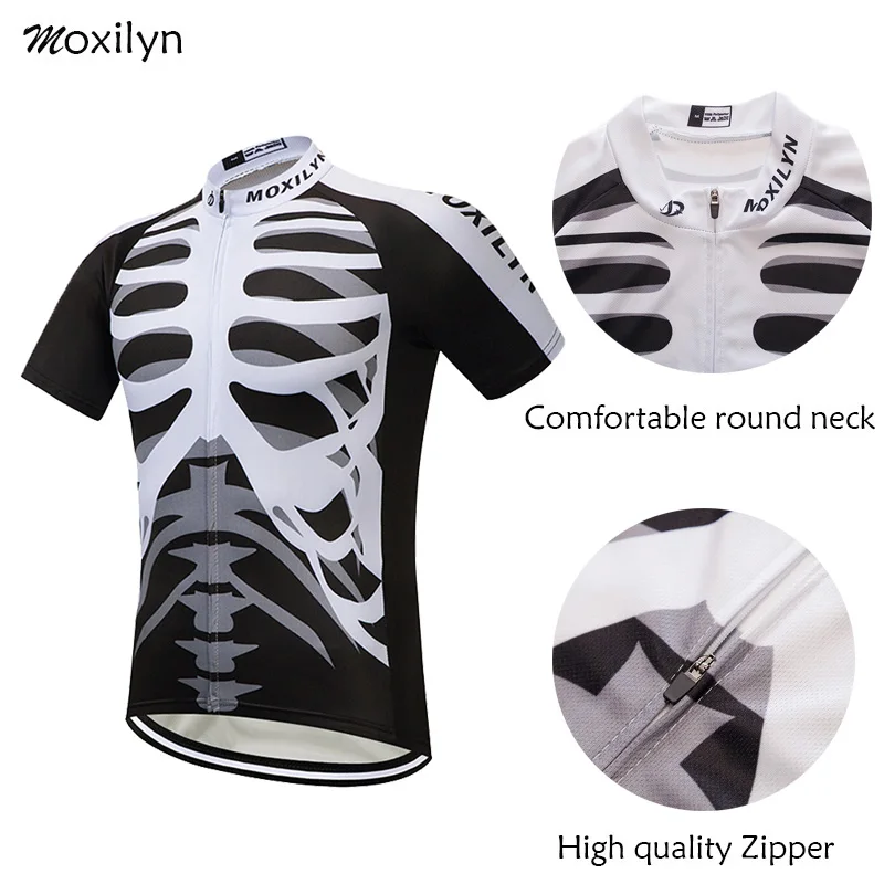 Moxilyn White Skull Cycling Jersey Top Short Sleeve Racing Cycling Clothing Summer Quicky Dry Breathble Ropa Ciclismo MTB Bike