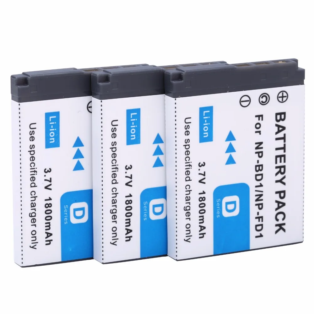 Hot selling 3pcs 1800mAh NP-BD1 BD1 NP-FD1 Li-ion Battery for Sony DSC-T2 T70 T77 T90 Camera