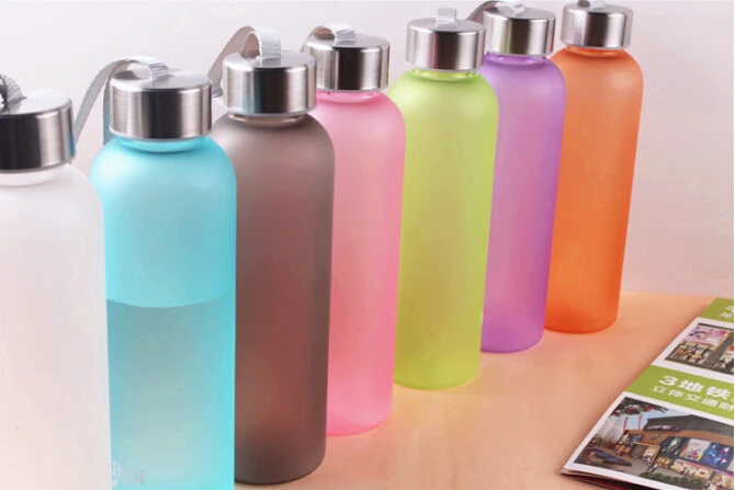 1PC Candy color movement handy FDA Plastic portable frosted seal water bottle with lanyard KB 1360