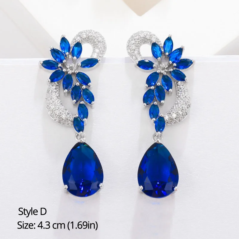 BeaQueen Leaf Flower Teardrop Cubic Zircon Royal Jewellery Big Dark Blue CZ Crystal Long Dangle Wedding Earrings for Women E293