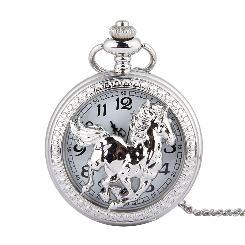 1042  Luxury Glossy Gold And Silver Horse Three-dimensional Pattern Perspective Pocket Watch With Chain Accessories Pocket Watch