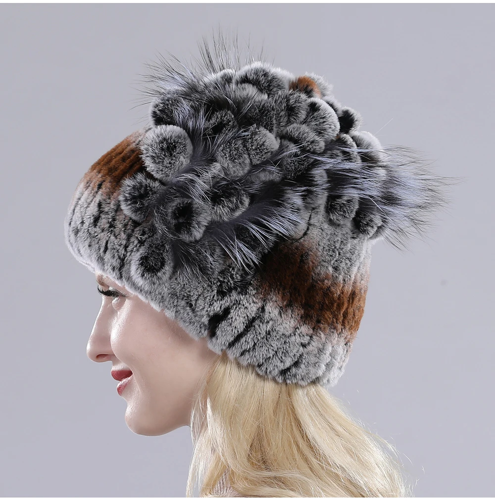 Neue Russische Damen Echt Rex-Kaninchenfell Mützen Luxuriöse Gestrickte Blumen Echte Rex-Kaninchenfell Kappe Winter Echt-Fell Beanie Mütze – Detail 15