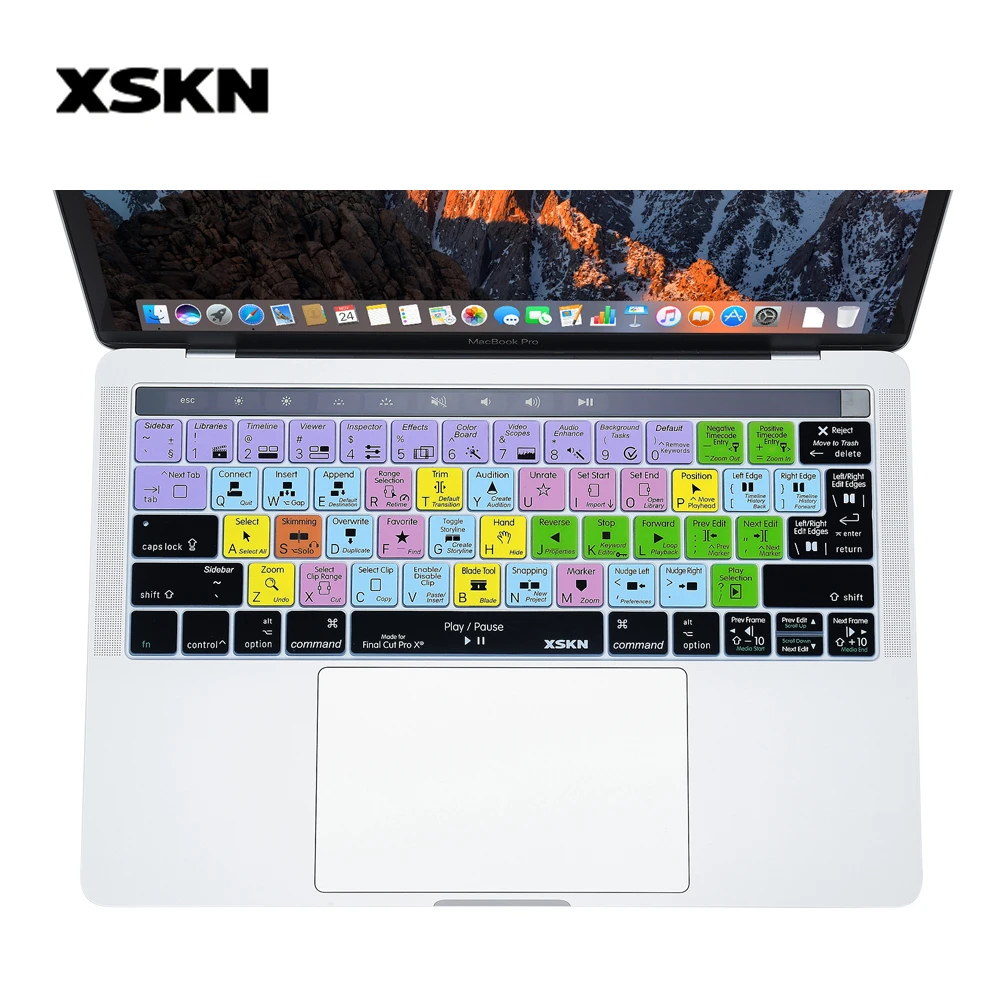 XSKN Final Cut Pro X Toetsenbord Cover voor Touch Bar Macbook 13 15, voor Mac A1706 A1707 A1989 A1990, Gratis Gift Touchbar Sticker