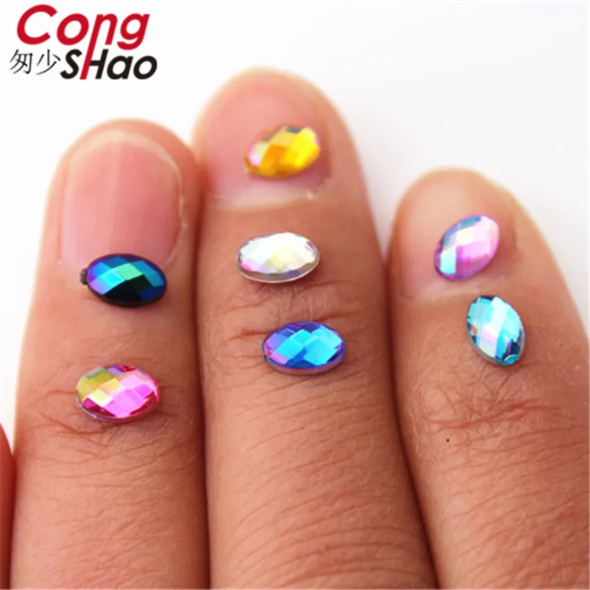 Cong Shao 500pcs 4*6mm 3D Nail Art Tips AB Colorful Oval Flatback Crystal Acrylic Rhinestone Trim Phone Not Hotfix Nails CS645