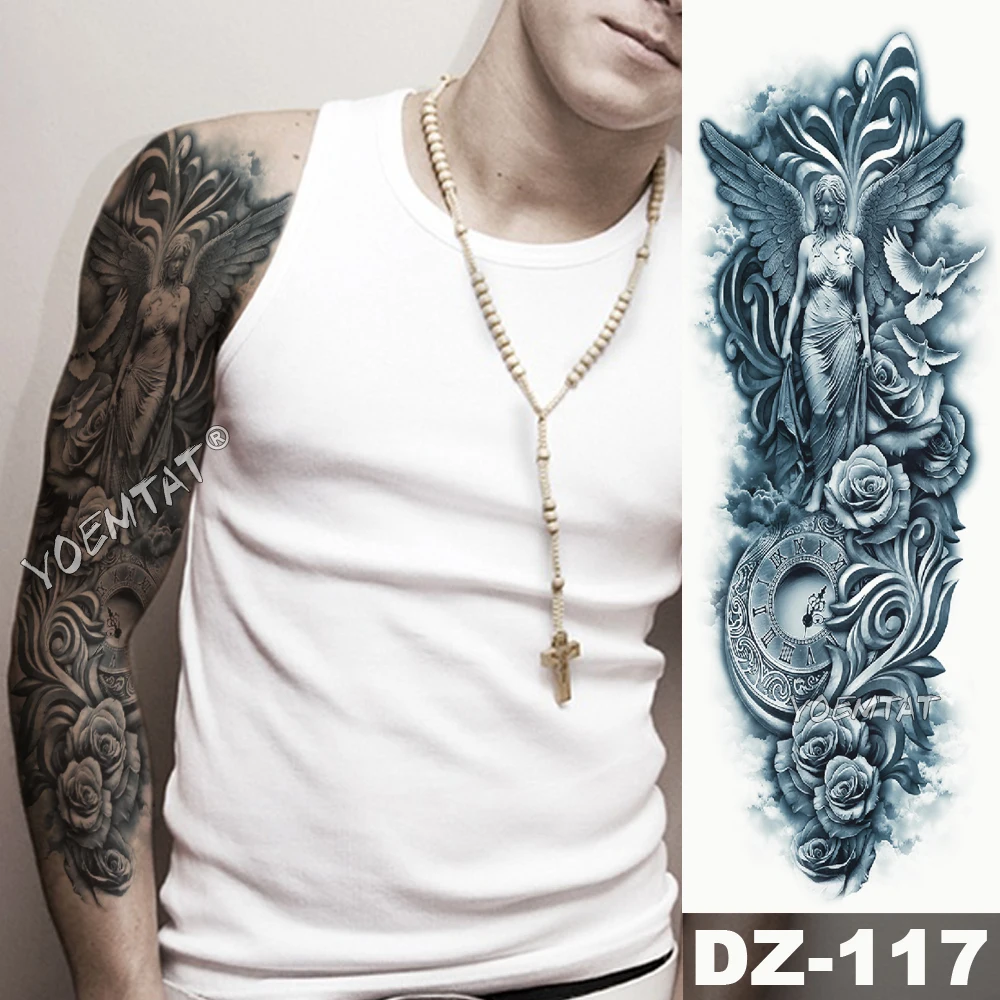 Tatuaje de manga de brazo grande para hombres, Rosario de la Virgen María,  pegatina temporal impermeable, tatuaje de San Ángel, tótem de calavera  completa / Tattoo y piercing, image size:1000x1000