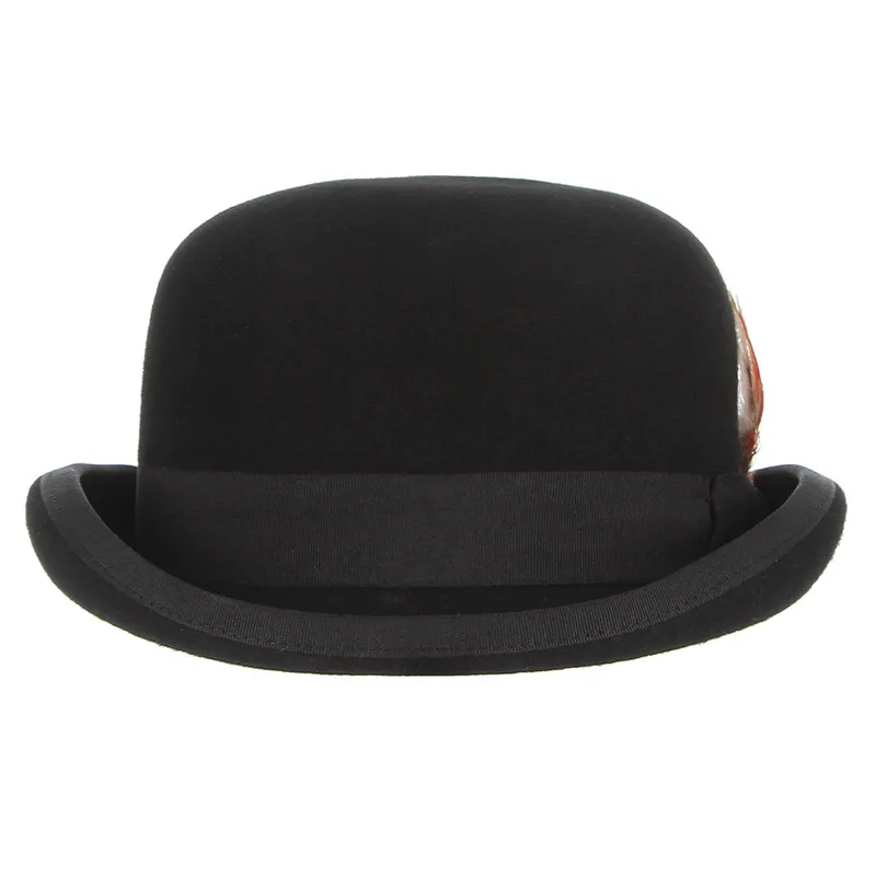 GEMVIE 4 tamaños 100% lana fieltro negro Derby Bowler sombrero para hombres mujeres pluma satén forro Casual Formal Fedora