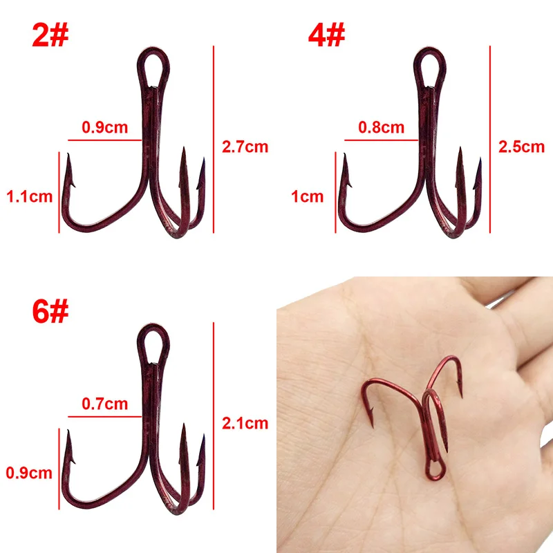 Hyaena 50pcs Red 35647 High Carbon Steel Fishhook Treble #2 4 6 Triple Hard Lure Fishing Hooks Set With Box