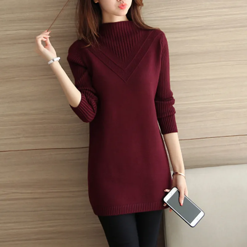 

Autumn Winter Half-high Collar Sweater Female Winter Warm Pull Femme Knitted Pullover Loose Solid Female Jumper Top