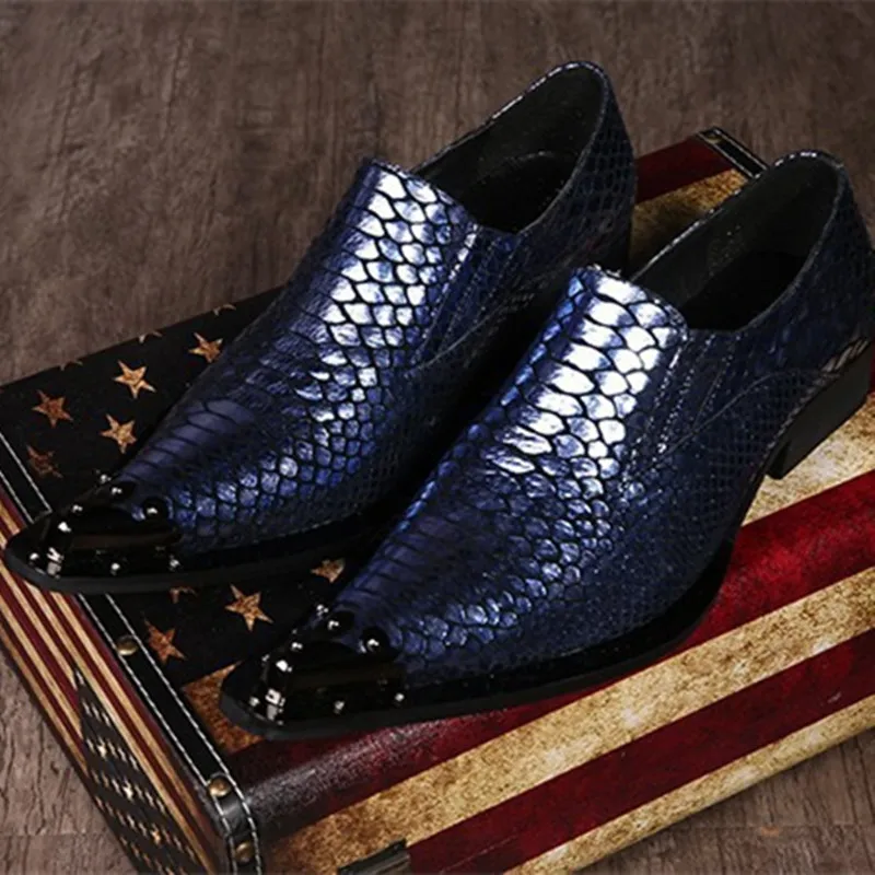 

New Mens Dress Shoes Leather Italian Men Party Oxfords Metal Pointed Toe Rivets High Quality Blue Men Formal Shoes