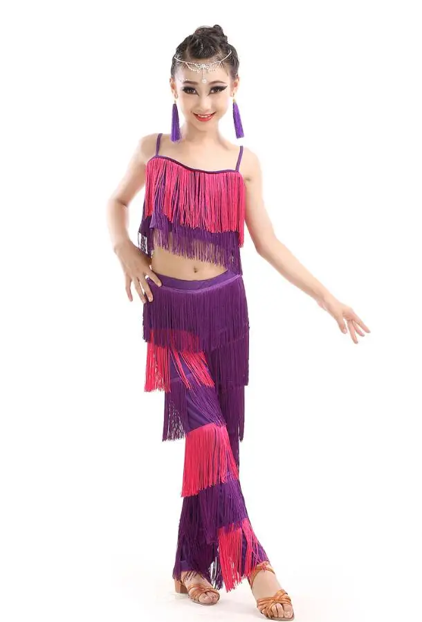 Samba tassel Latin dancewear costumes Girls Salsa ballroom Fringe trim dance Tops&Pants costume Adult Ballroom dancing dress