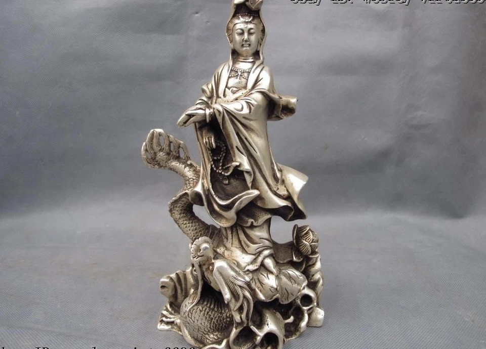 

9 Buddhism White Copper Silver Ride Dragon Kwan-yi Guan Yin Boddhisattva Statue