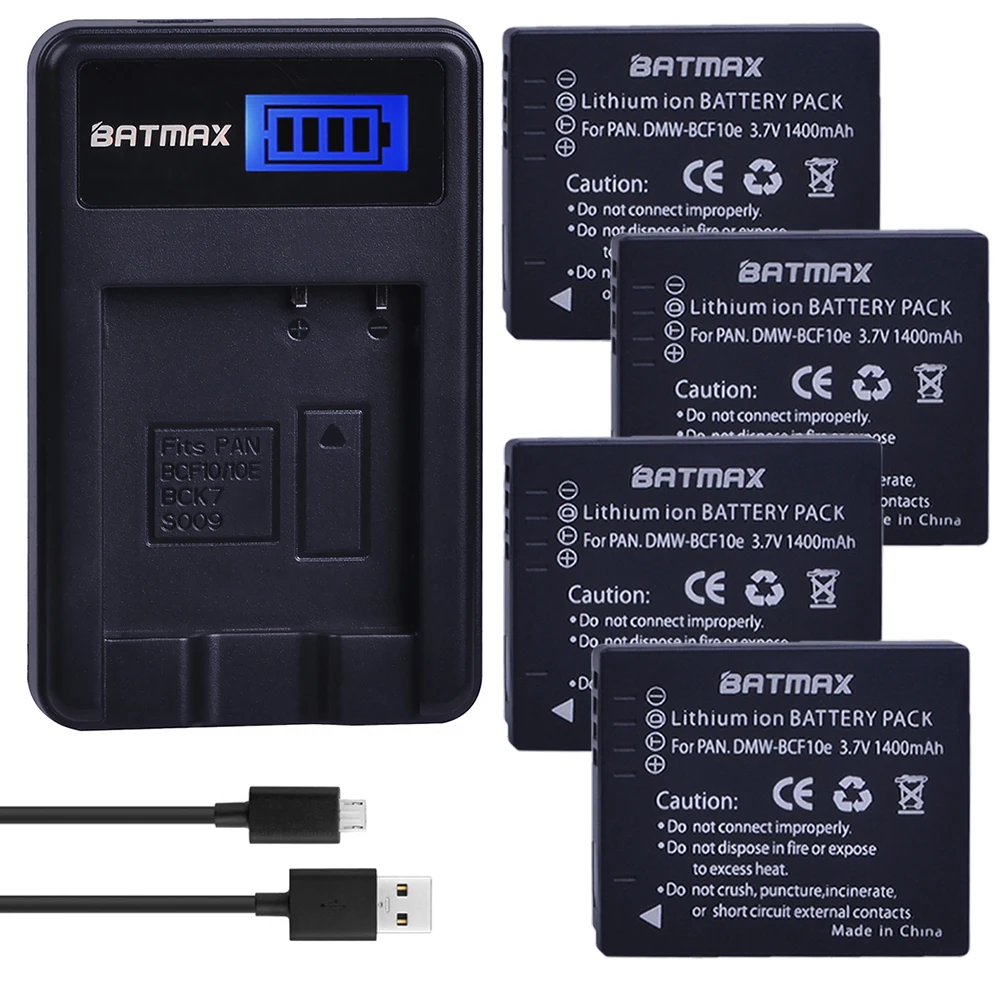 4Pcs Batteries + LCD SUB Charger for Panasonic Lumix DMW-BCF10, DMW-BCF10E, DMW-BCF10PP, CGA-S/106B, DMC-F2, DMC-F3, DMC-FH1