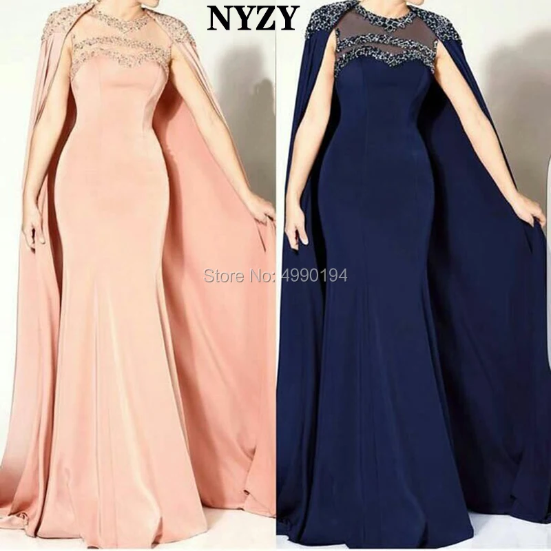 Vestido elegante árabe para madre de la novia, manga del Cabo, Jersey Rosa marino NYZY M186, vestido Formal, Túnica de sirena, Dubái, 2019