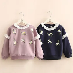 2022 Spring Autumn 2 3 4 6 8 10 Years Children Clothes Lace Patchwork Tops Long Sleeve Baby Kids Girls Embroidery Sweatershirt