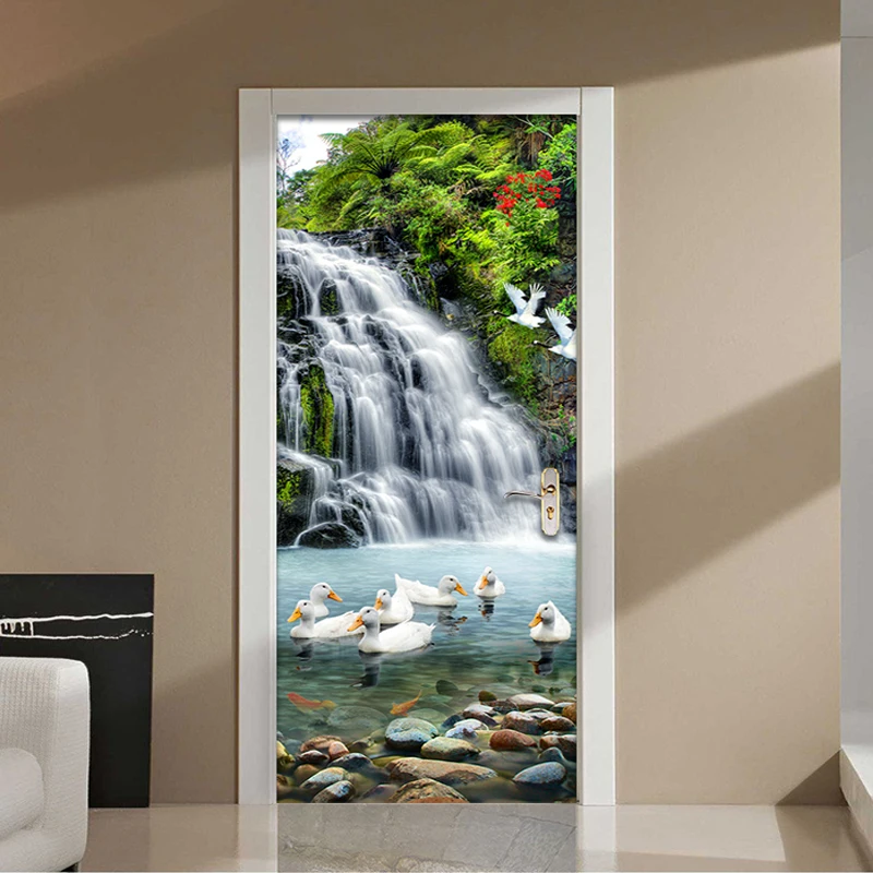 

3D Waterfall Landscape Door Sticker Living Room Bedroom Home Decor Wallpaper PVC Self-Adhesive Waterproof Door Decal Murals