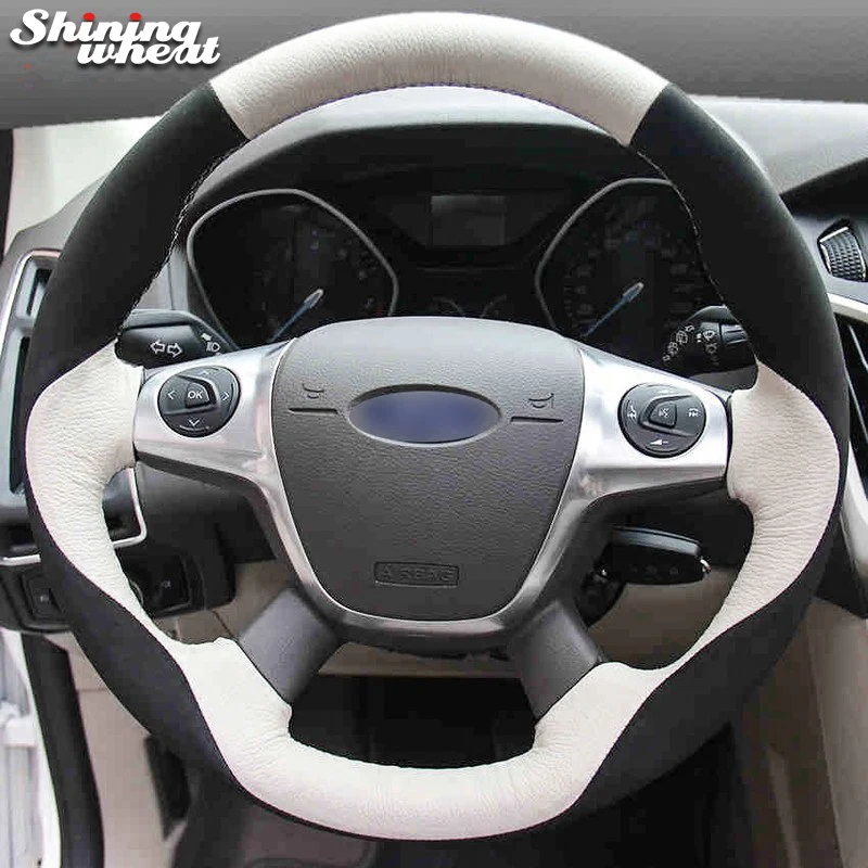 

Shining wheat Black Suede White Leather Car Steering Wheel Cover for Ford Focus 3 2012-2014 KUGA Escape 2013-2016 C-MAX 2011-13