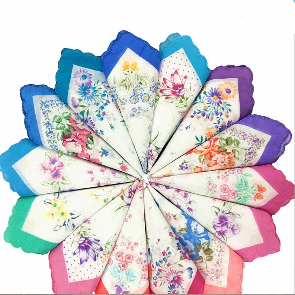 SHSEJA-Cotton Printed Handkerchief for Ladies, Floral Handkerchief, Colored Cotton Handkerchief, White Fabric, 12 PCs/Lot