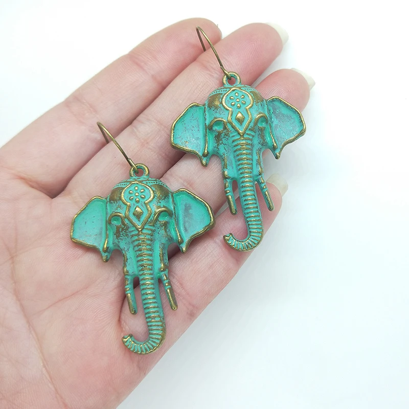 2021 New Fashion 1 Pair Retro Patina Plated Zinc Alloy Green Elephant Earrings for Women\'s Fashion Jewelry Gifts Date and Party