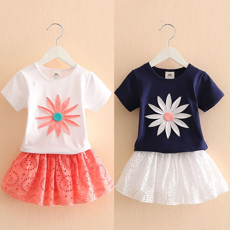 2024 Summer 3 4 5 6 7 8 9 10 Years Princess Elegant Lace Embroidery Floral T-Shirt+Hollow Out Skirt 2 Piece Sets For Kids Girl