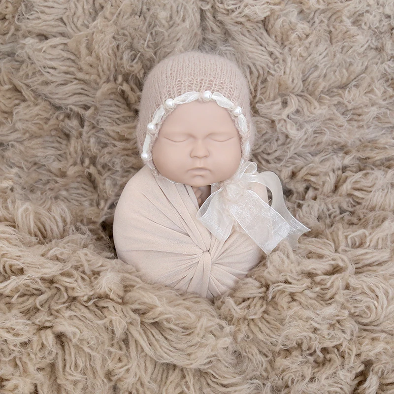 Jersey stretch wrap Newborn knit  Pearl hat  wrap set Baby swaddle Wool blanket Newborn photography props