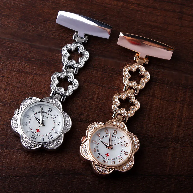 Luxury Crystal Petal Nurse Doctor Brooch Fob Pendant Quartz Watch Stainless Steel Hanging Pocket Watches Women's Dresses Gift