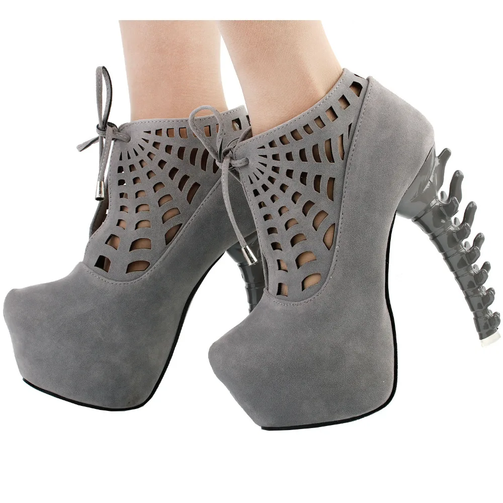 LF80643 Punk Black Spider Web Lace-Up Platform Bone Heel Ankle Boots Size 4/5/6/7/8/9/10