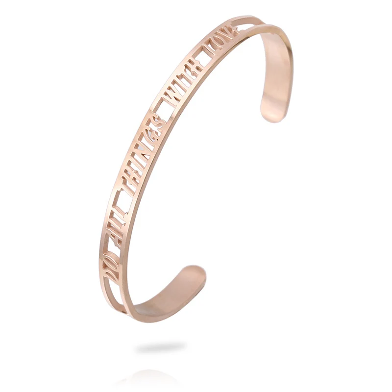 MYLONGINGCHARM Hollow Letter Adjustable stainless steel Bracelet DO ALL THINGS WITH LOVE fashion open cuff Bangles M0284