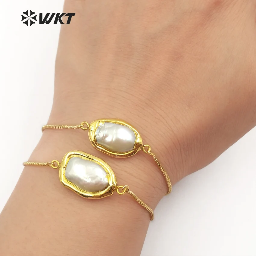 

WT-B413 WKT Trendy natural freshwater pearl bracelets oval shape pearl with gold metal plated adjustable women bracelets