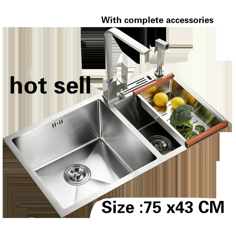 Free shipping Kitchen sink 3 mm double groove ordinary food grade 304 stainless steel durable hot sell  stretch tap 75x43 CM