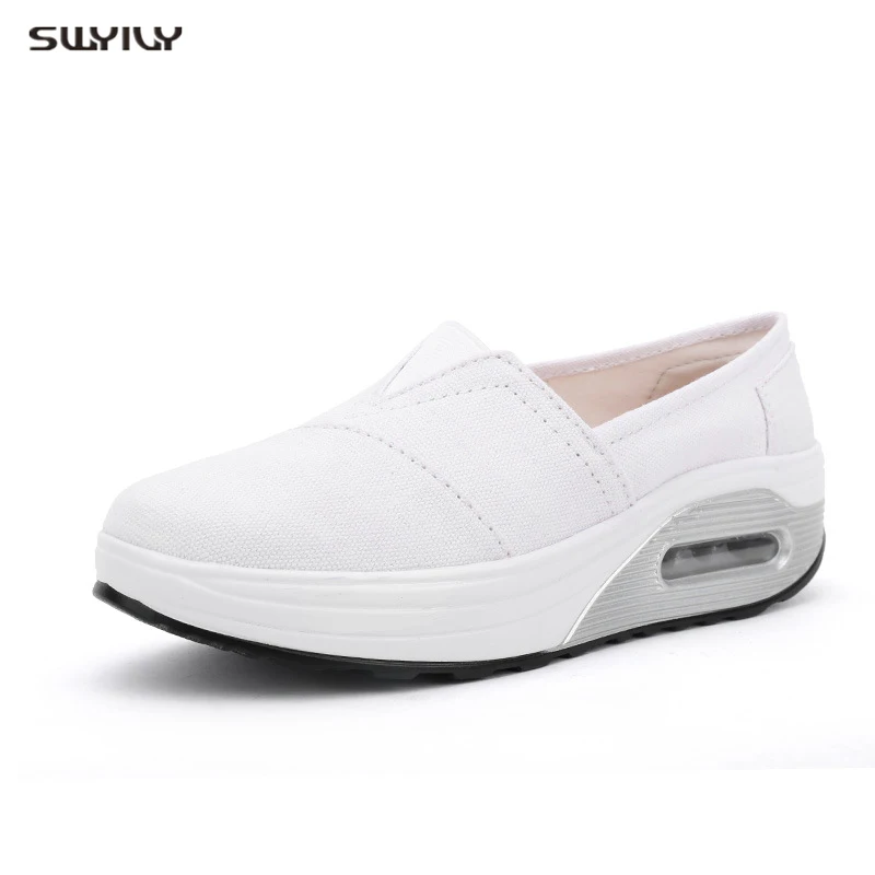 

SWYIVY Women Wedge Shoes Swing Lose Weight Sport Sneakers White 2019 Autumn Female Sport Shoes Chunky Sneakers Toning Shoe Black