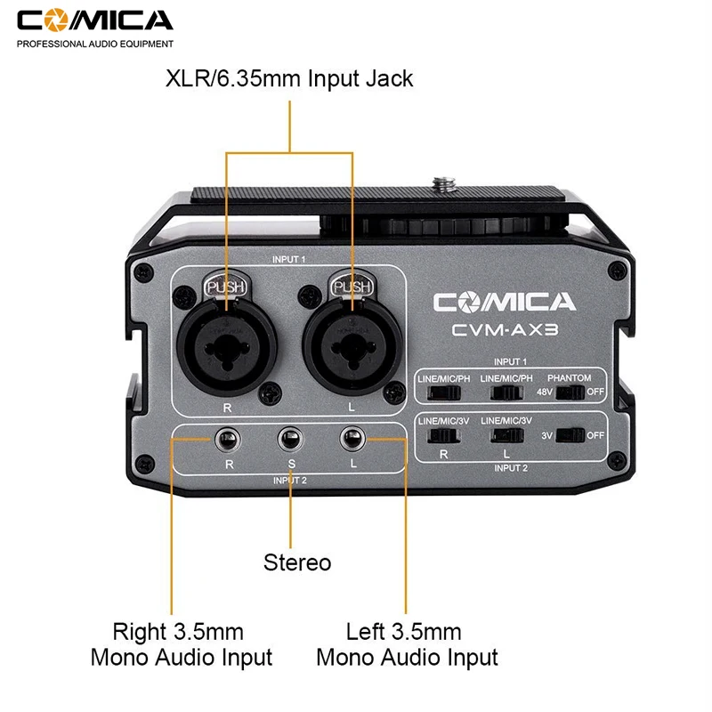 Comica CVM-AX3 XLR Audio Mixer Adapter Preamplifier Dual XLR/3.5mm/6.35mm Port Mixer for Canon Nikon DSLR Cameras&Camcorders