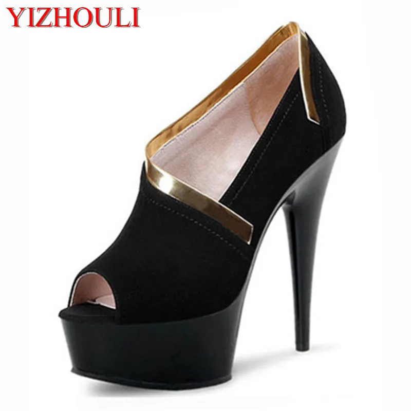 Women's summer 2018 super high heels, thin heel fish mouth water platform crystal shoes, open toe hollow sexy Dance Shoes 15cm