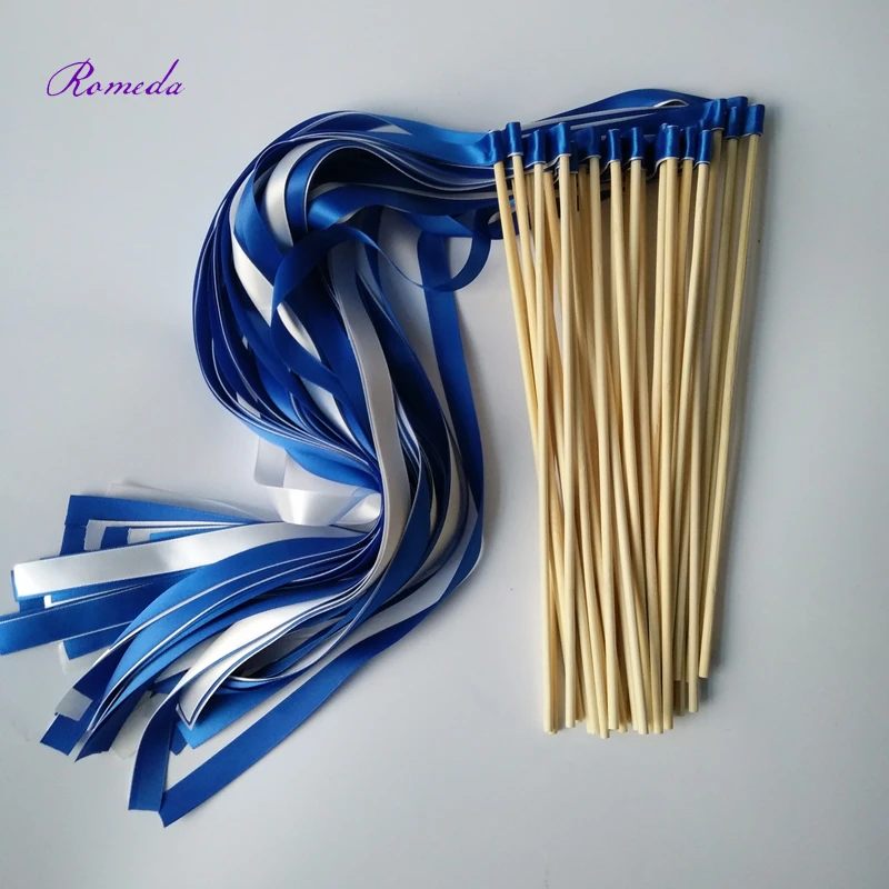 50pcs/lot Royal blue and white wedding ribbon wands without bell  ribbon Twirling Streamers,ribbon stick