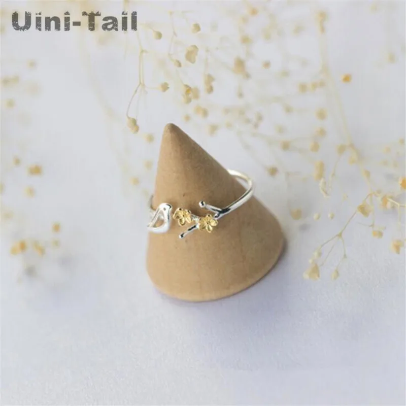 Uini-Tail hot 925 Tibetan silver forest sweet golden flowers leaves cute birds open ring fashion tide flow high quality GN311