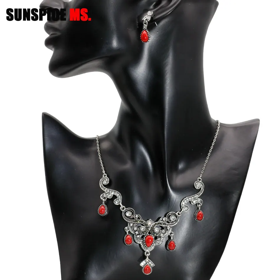 SUNSPICE MS Retro Silver Color Earring Necklace Sets For Women Ethnic Wedding Jewelry Morocco Bridal Traditional Bijoux