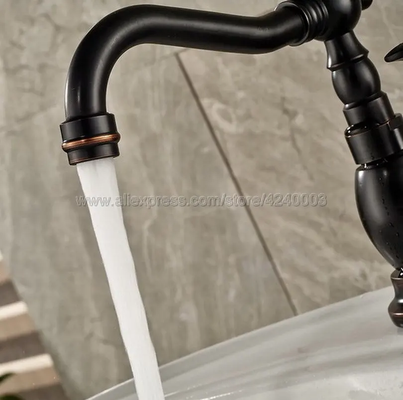 Basin Faucets Black Color Brass Deck Mounted 2 Hole Bathroom Faucets Hot and Cold Water Mixer Tap Knf287