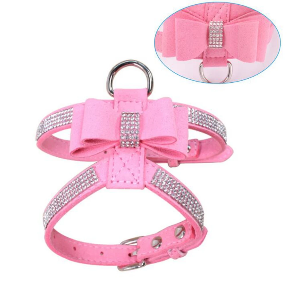 Soft PU Leather Bowknot Dog Harness Bling Rhinestones for Small Medium Dogs S-L