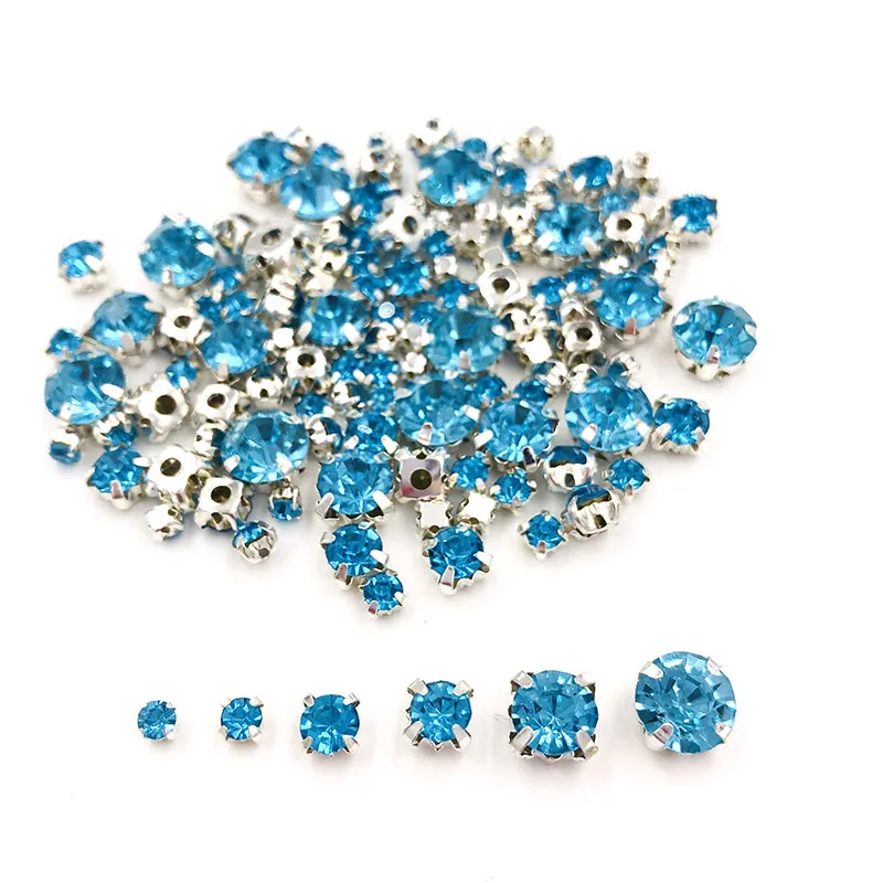 Hot sale Garment beads 100pcs/pack Mixed size Lake blue glass crystal sliver base sew on rhinestones diy clothing accessories