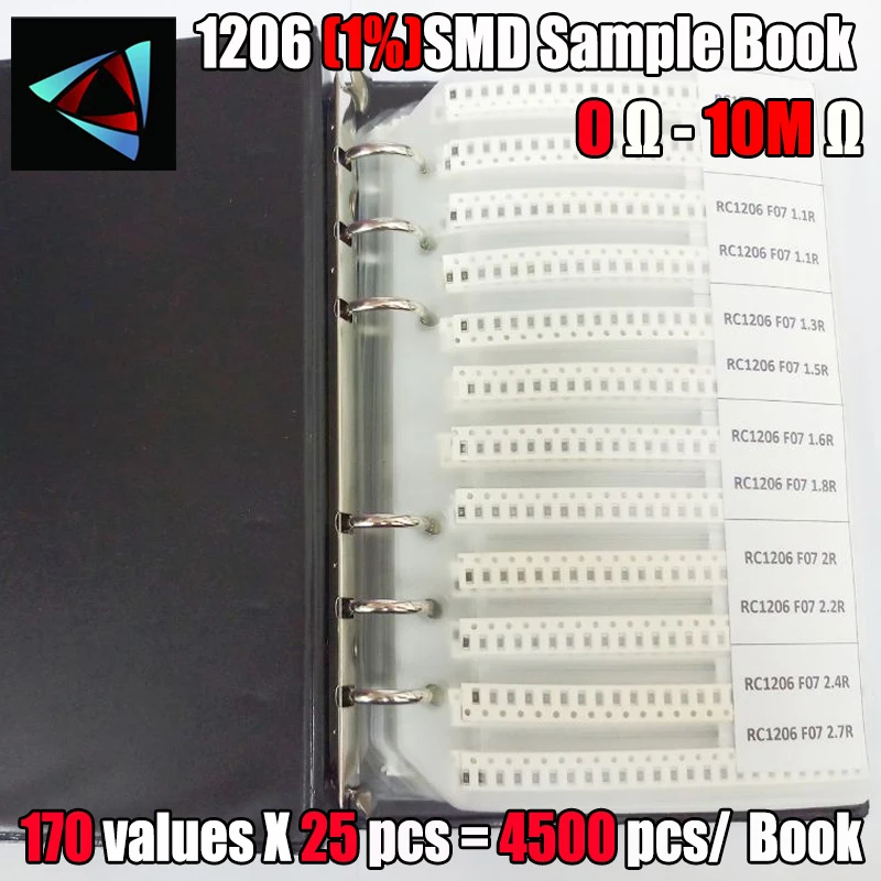 Libro de muestras de resistencias SMD 1206, Kit de resistencias 0R ~ 10M 0R-10M, tolerancia 1%, 170 valores x 25 piezas = 4250 piezas