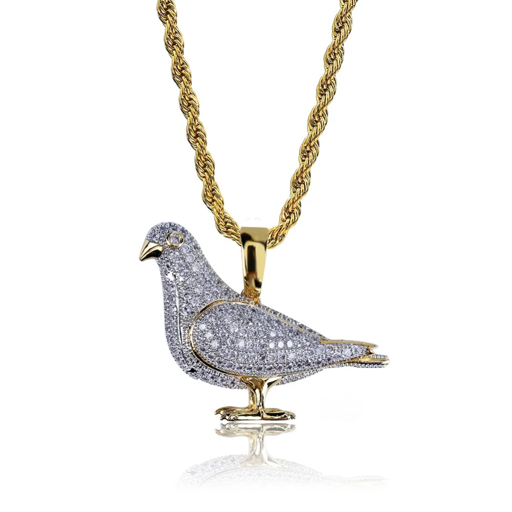 TOPGRILLZ New Style Iced Out Gold Color Plated Two Tone Micro Pave Zircon Pigeon Pendant Necklace Hip Hop Jewelry for Men Women