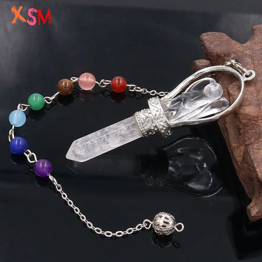 Personalized Natural White Crystal Stone Angel Pendulum Pendant Hexagonal Prism Column 7 Chakra Link Chain Reiki Healing Jewelry