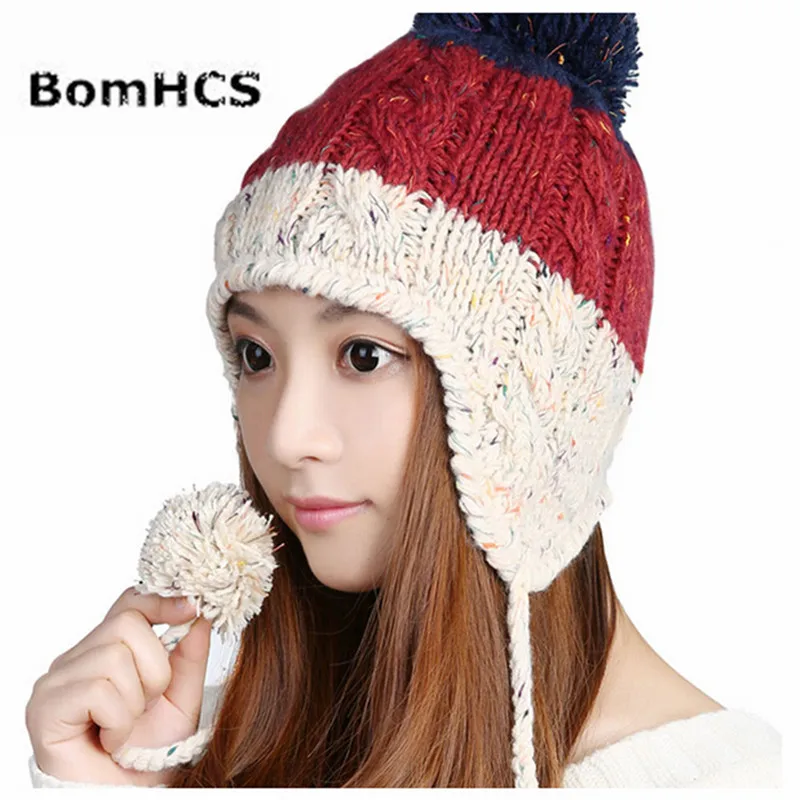 BomHCS Thick Warm Winter Knit Hats Women Lady Handmade Ear Muff Beanie Skully Cap