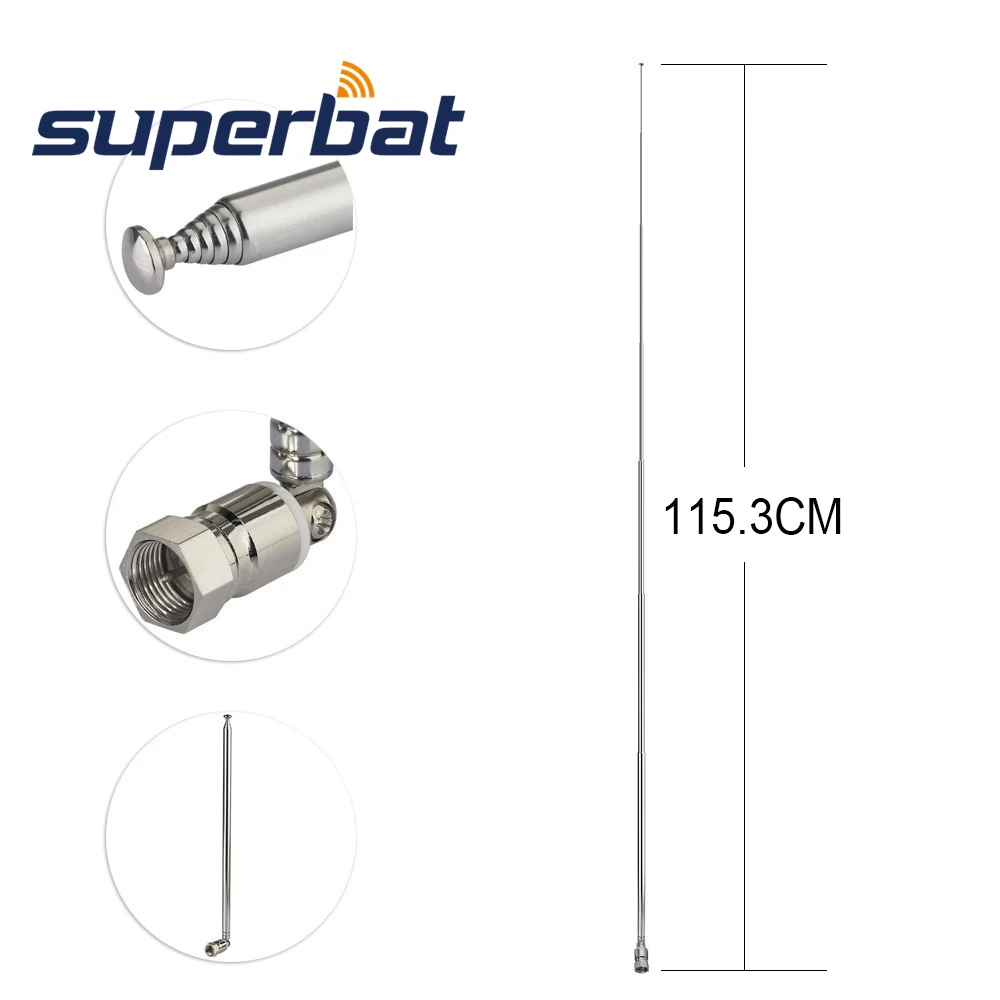 Superbat UNBAL F Type Male Connector DAB DAB+ FM AM TV Antenna 7 Sections Telescopic Aerial for Home Audio Radio Stereo Receiver