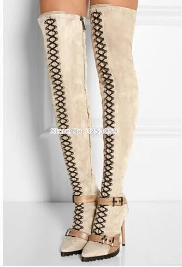 ALMUDENA Sale Beige Black Suede High Boots Pointed Toe Buckle Strap Over-the-knee Long Boots Cross Strap Lace-up Thigh Boots