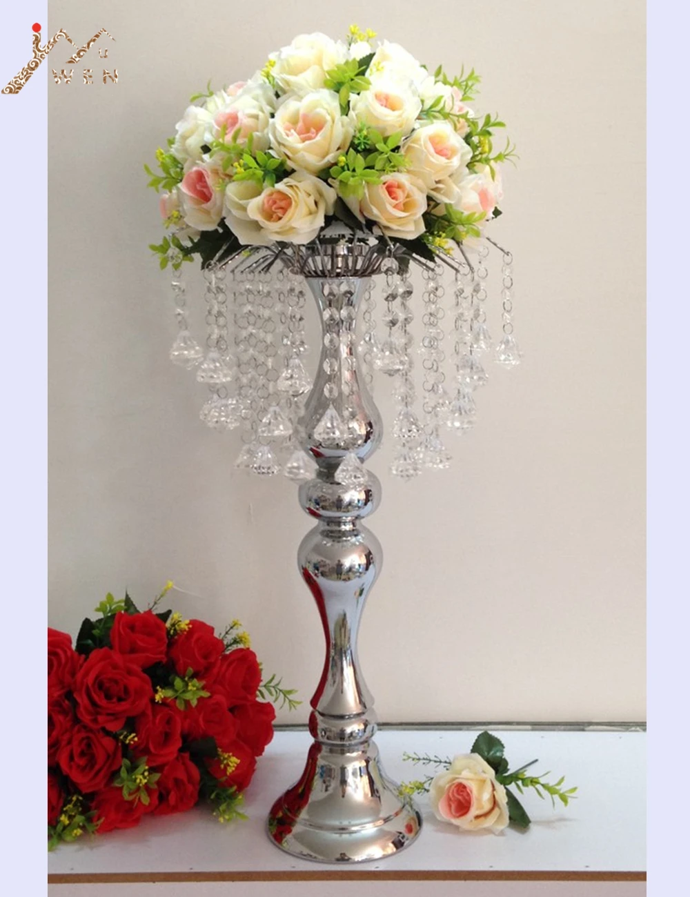 New arrival 58 cm height silver crystal road lead props / wedding table party centerpiece flower holder home decor 1 lot=10 pcs